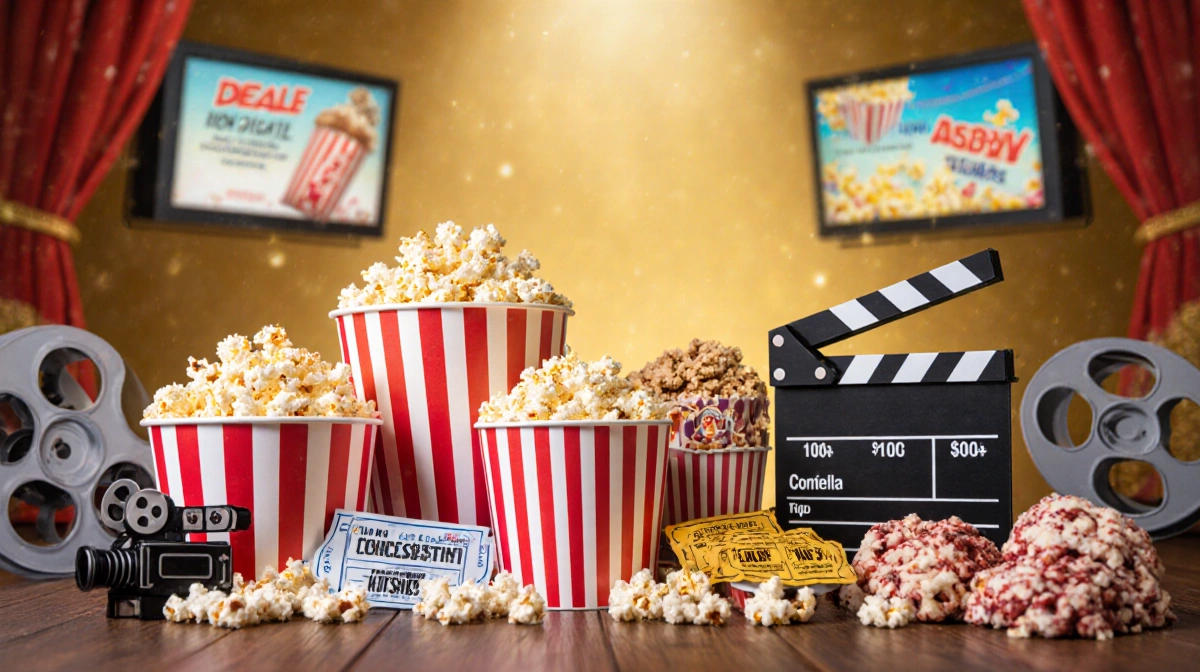Colorful popcorn buckets and movie tickets glow with golden cinema nostalgia while vintage cameras and film reels hint at spe