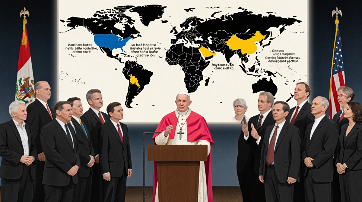 Pope Leo XIV speaks at podium with world map behind him and diplomats listening intently