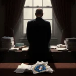 Jerome Powell stands at cluttered desk with federal seal on crumpled paper and ominous window light hinting at indictment thr