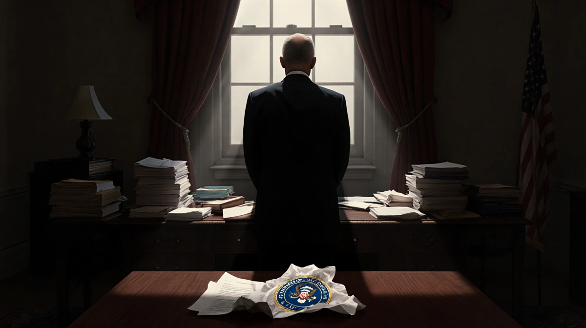 Jerome Powell stands at cluttered desk with federal seal on crumpled paper and ominous window light hinting at indictment thr