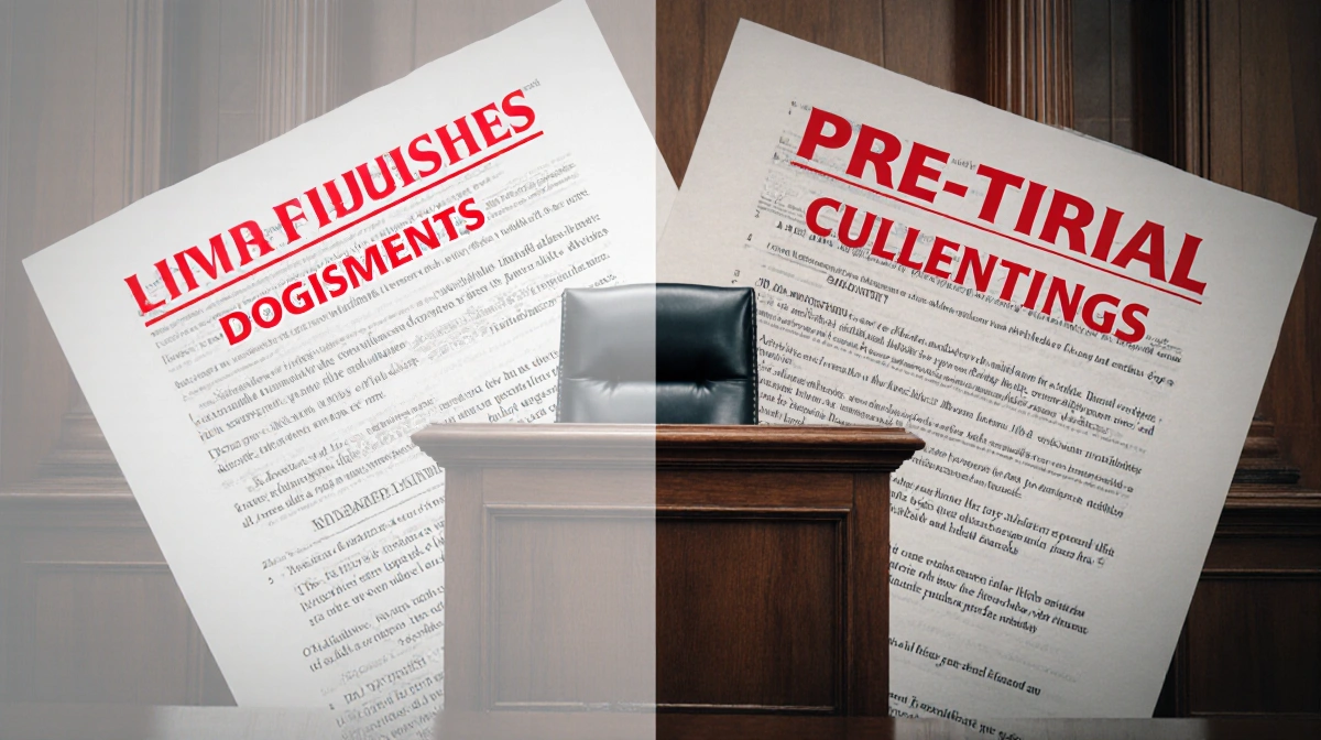 Split-screen courtroom scene shows red legal documents opposing faded papers with empty judge bench