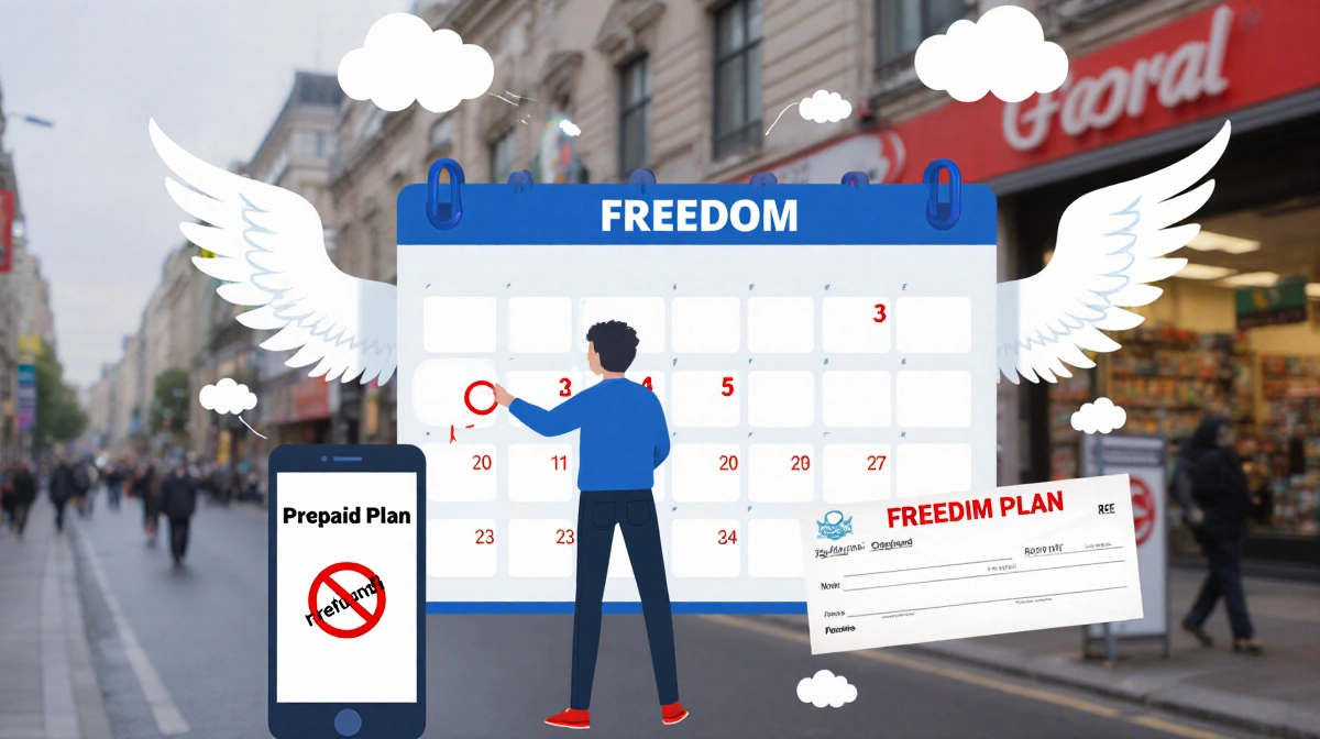 Person highlighting prepaid plan on calendar with wings and clouds showing freedom from contracts