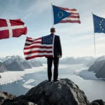 President standing on rocky outcrop overlooking Greenland fjords with American flag behind him
