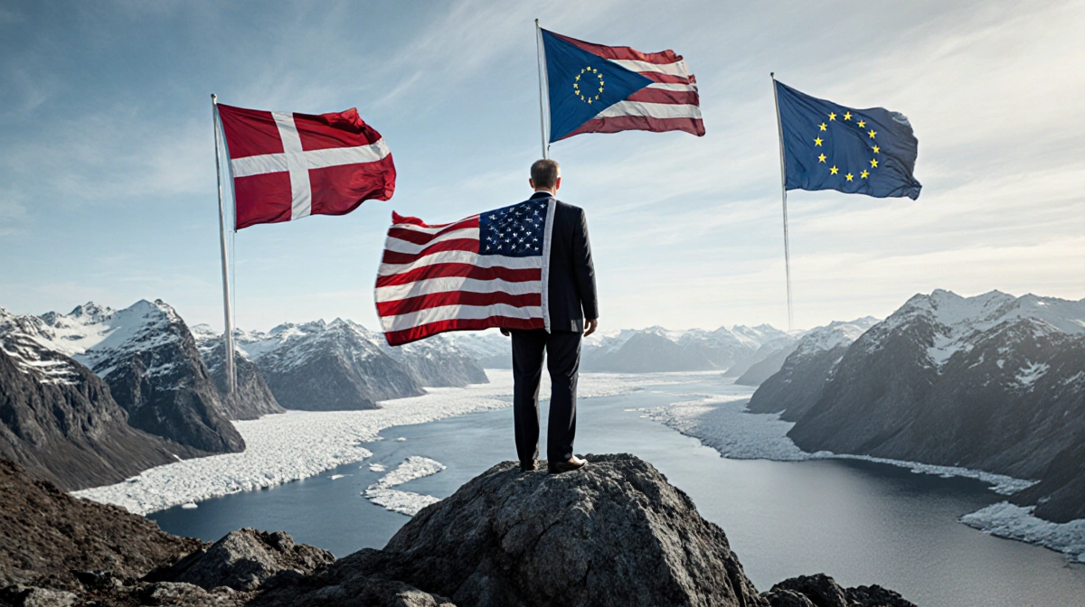 President standing on rocky outcrop overlooking Greenland fjords with American flag behind him