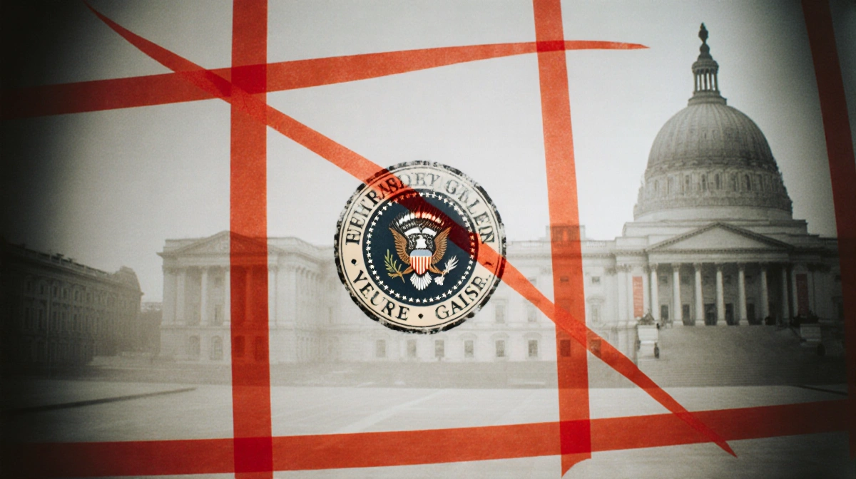 Blank wall shows crossed-out presidential seal with red tape overlay and blurred National Portrait Gallery building behind