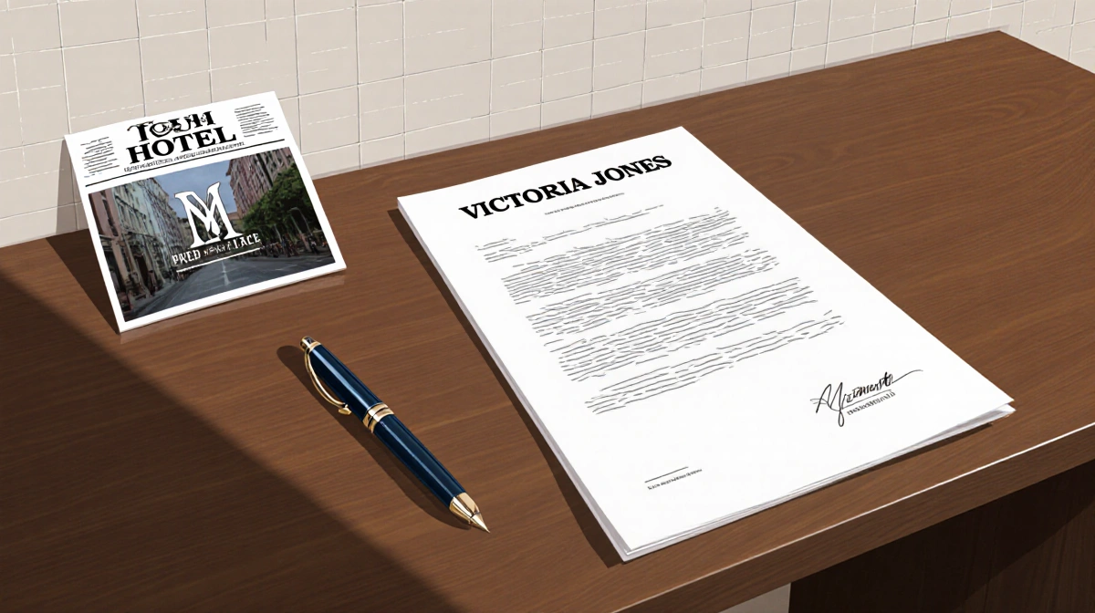 Press release sits on polished wooden desk with elegant pen and hotel newspaper clipping in background