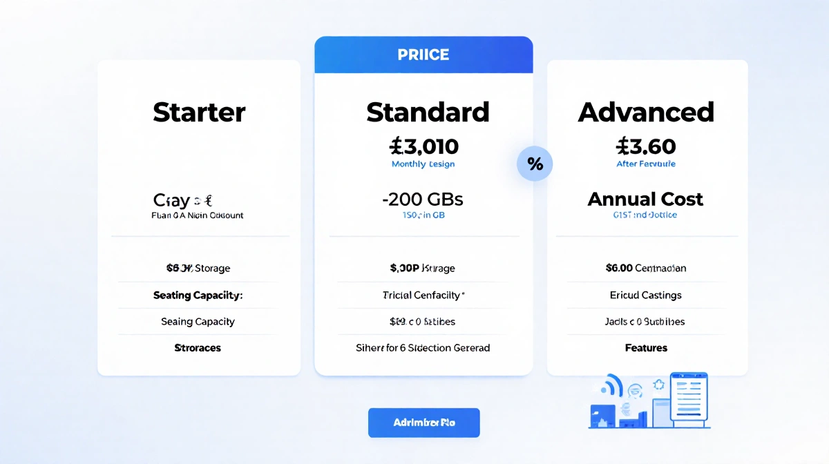 Three-tier pricing table comparing Starter Standard and Advanced plans with monthly and annual costs showing storage and seat