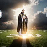 Priest holding holy water vial with golden light illuminating grass and Steelers logo behind
