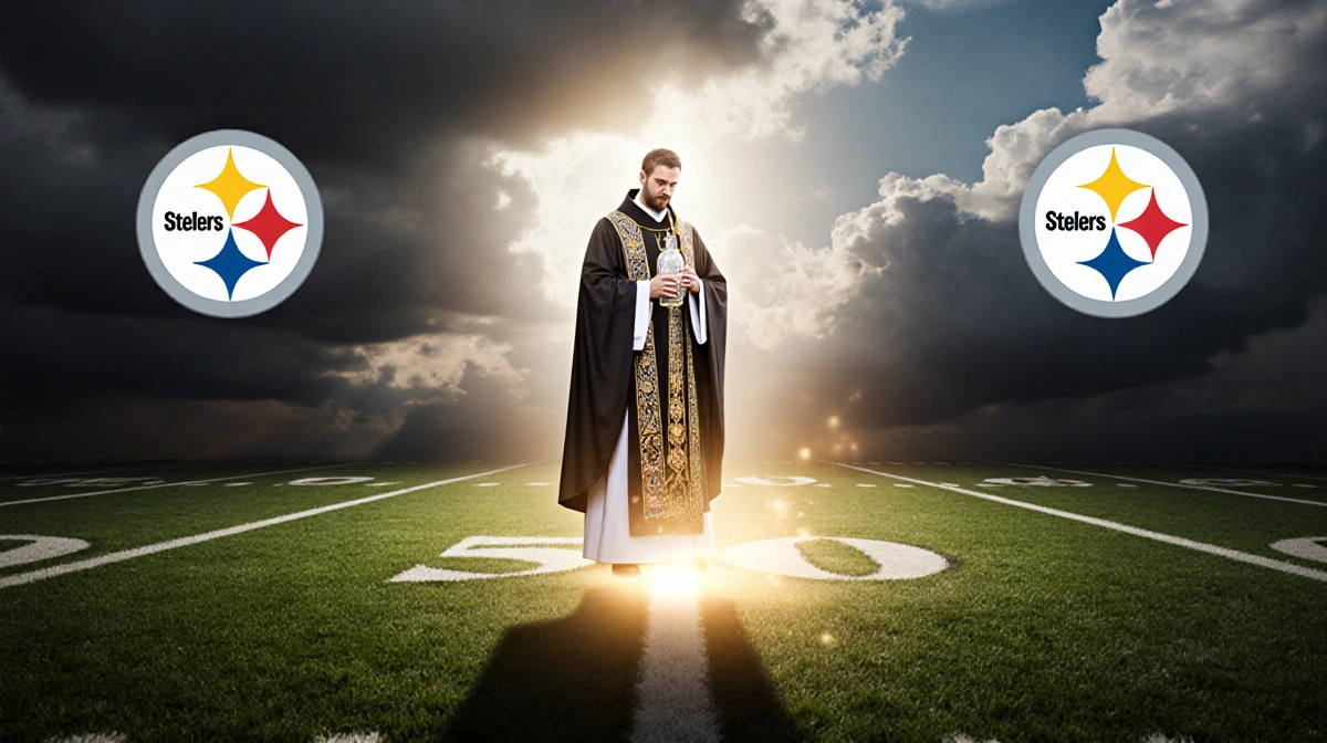 Priest holding holy water vial with golden light illuminating grass and Steelers logo behind