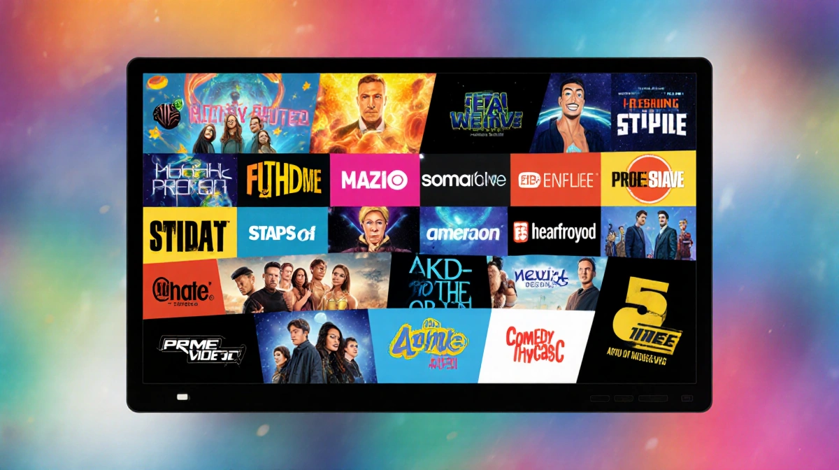 Colorful TV screen shows Prime Video originals with bold fonts and vibrant colors against a blurred gradient of genre symbols