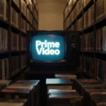 Vintage TV playing a VHS tape with Prime Video logo on screen and a dimly-lit library filled with DVDs