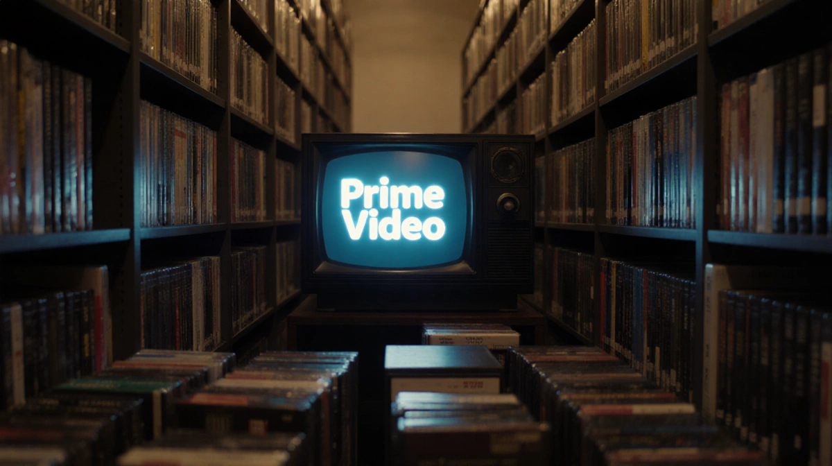 Vintage TV playing a VHS tape with Prime Video logo on screen and a dimly-lit library filled with DVDs