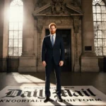 Prince Harry stands confidently outside London High Court with ornate doors behind him and Daily Mail logo on ground