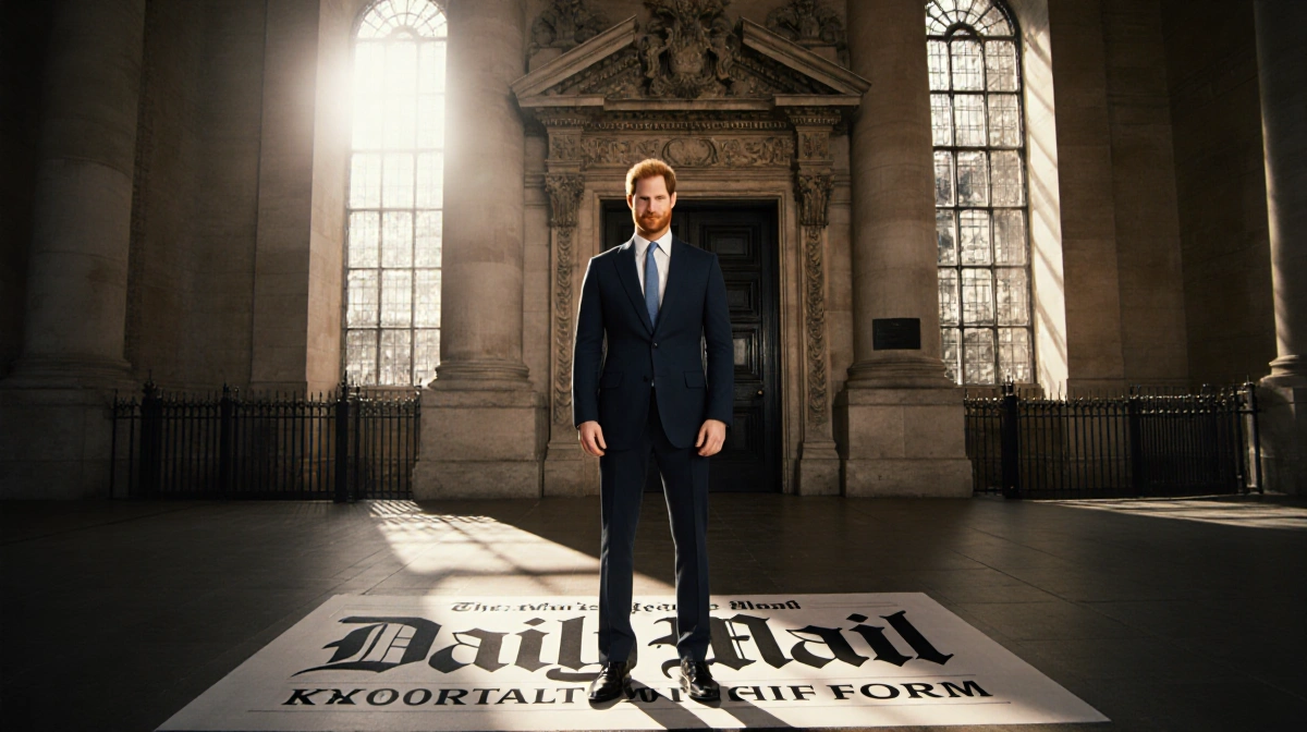 Prince Harry stands confidently outside London High Court with ornate doors behind him and Daily Mail logo on ground