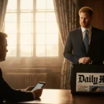 Prince Harry facing Daily Mail journalist in courtroom with phone and briefcase logo visible