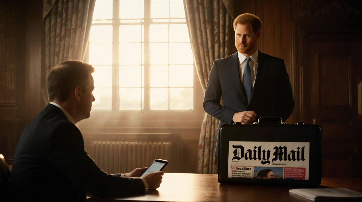Prince Harry facing Daily Mail journalist in courtroom with phone and briefcase logo visible