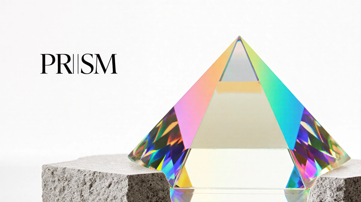 Prism refracting light with rainbow colors and architectural glass details near the word PRISM