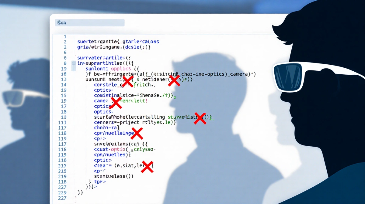 Computer screen shows red X marks over privacy keywords with blurred smart glasses silhouettes in background