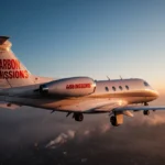 Private jet flying through polluted sunset sky with red carbon emissions warning label on tailfin and industrial landscape be