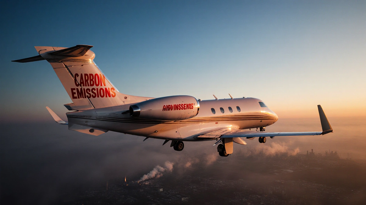 Private jet flying through polluted sunset sky with red carbon emissions warning label on tailfin and industrial landscape be