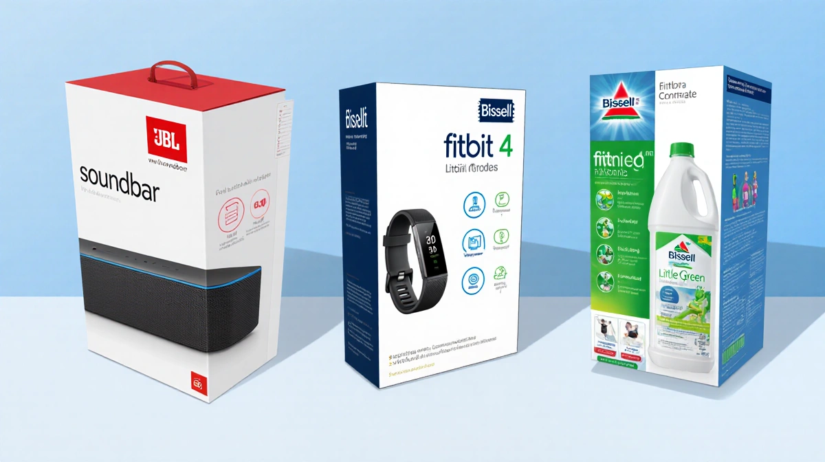 Three product boxes arranged in a minimalist layout with bold colors and icons for soundbar and Fitbit and Bissell