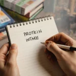 Hands hold notebook showing protein intake notes with coffee stains and nutrition books in background