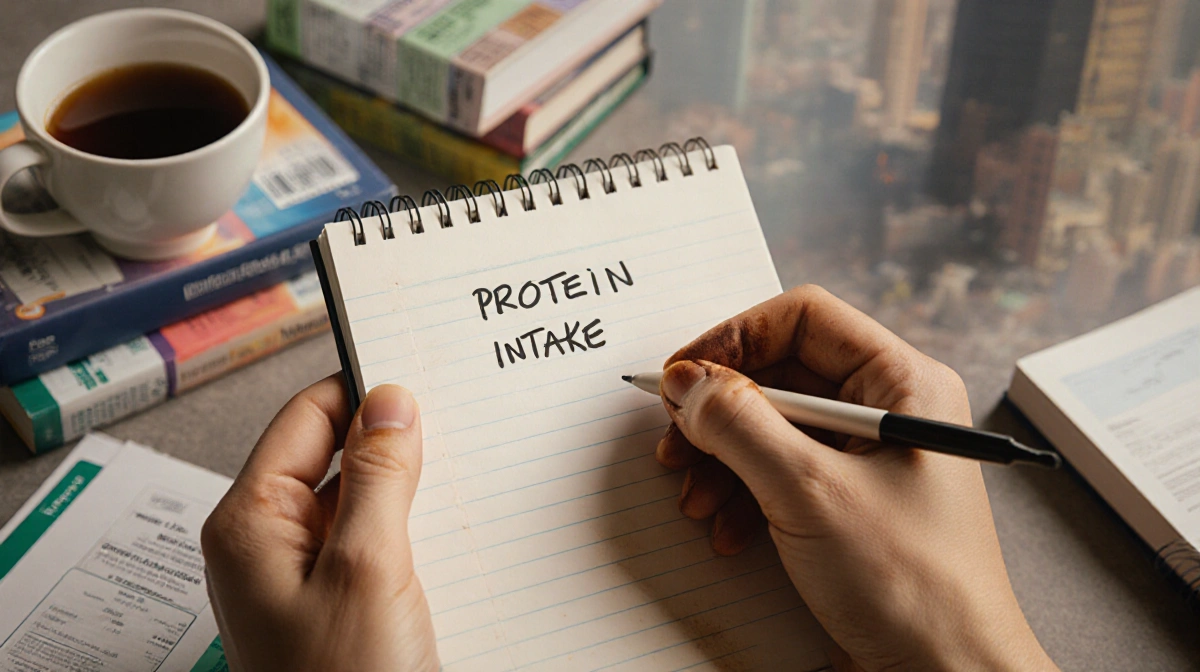Hands hold notebook showing protein intake notes with coffee stains and nutrition books in background