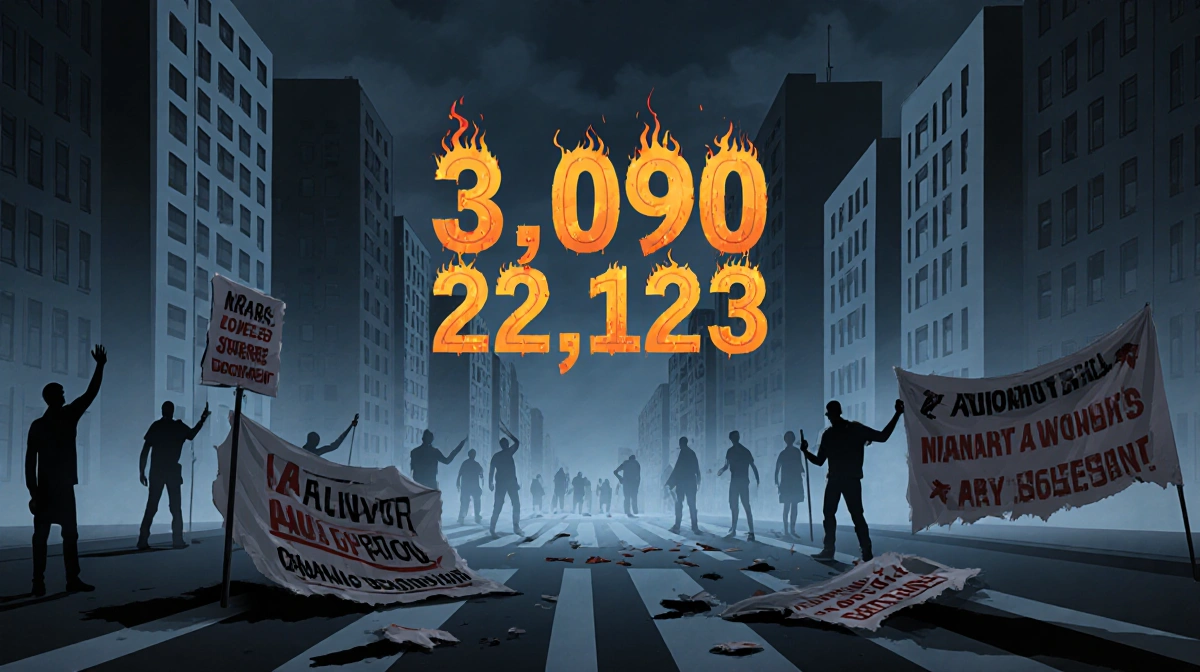 Protesters stand with broken banners showing numbers 3090 and 22123 against dark city skyline