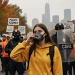 Young woman wearing gas mask stands with protesters holding signs and federal agents behind her with Minneapolis skyline visi