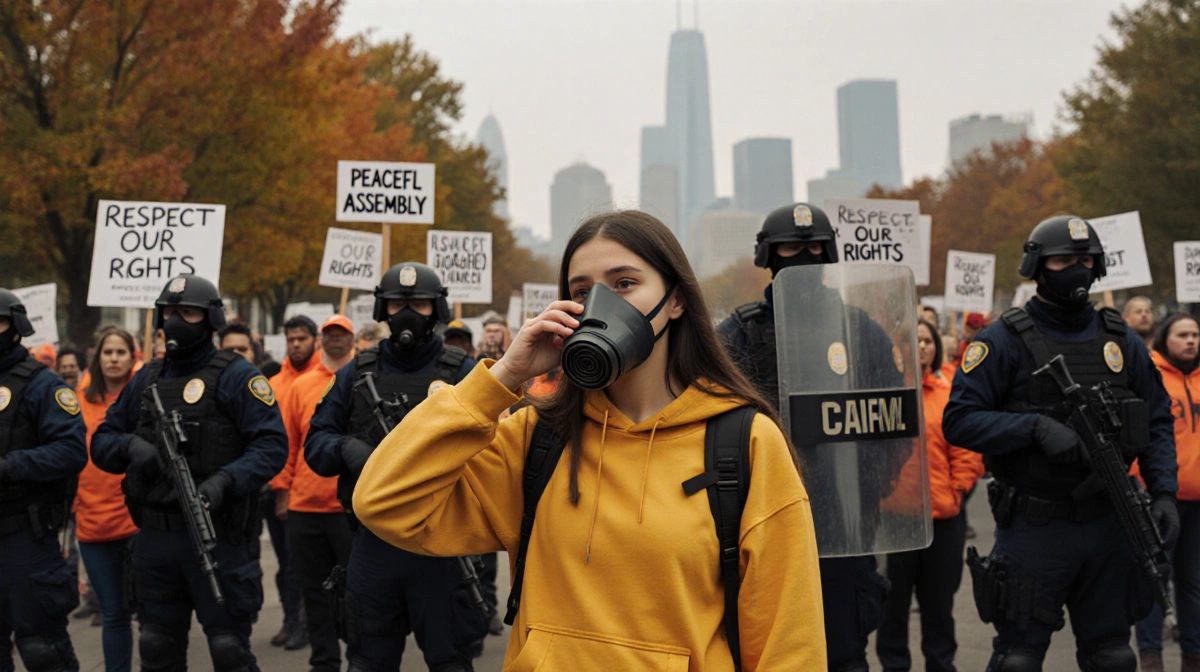 Young woman wearing gas mask stands with protesters holding signs and federal agents behind her with Minneapolis skyline visi
