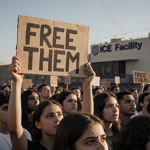 Protester holding a handmade Free Them sign with diverse crowd and blurred ICE building in background.