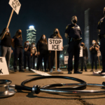 Protesters rally near CBP office with stethoscope abandoned and police lights glow