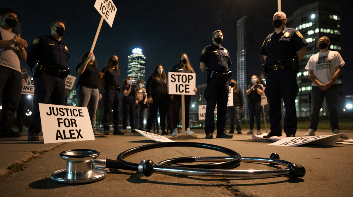 Protesters rally near CBP office with stethoscope abandoned and police lights glow