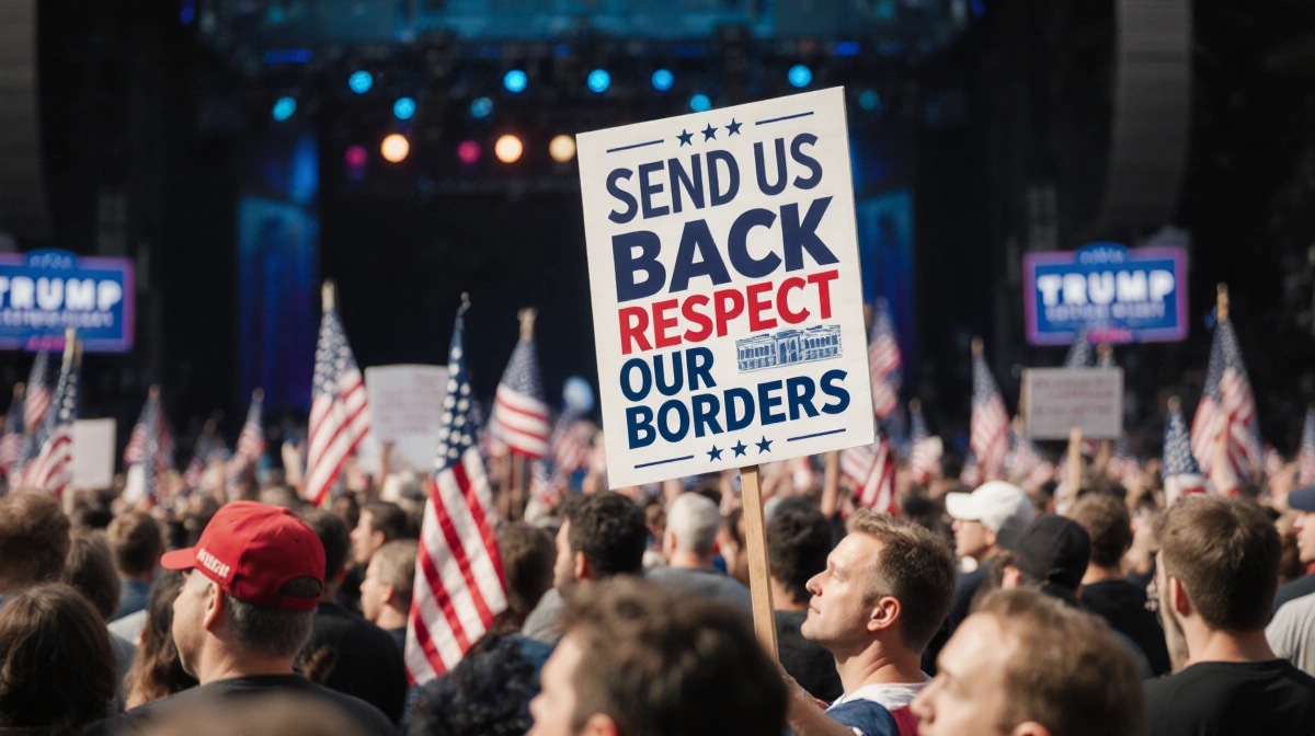 Protesters hold banner reading Send Us Back with American flags and determined faces near concert crowd