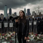 Young woman speaking through megaphone with tears and protest signs near riot shields