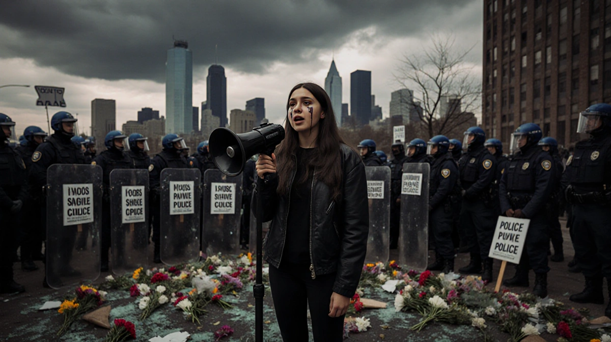 Young woman speaking through megaphone with tears and protest signs near riot shields