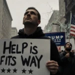 Protester holding Help is on its way sign stands with American flag and rubble behind