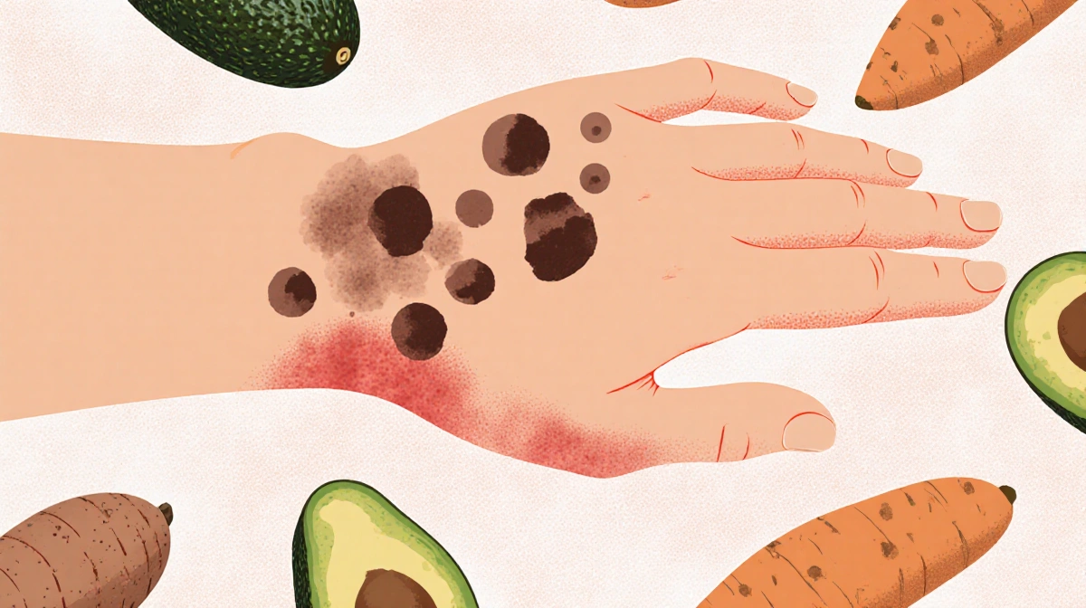 Arm showing prurigo pigmentosa rash with dark patches and nearby keto foods like avocado