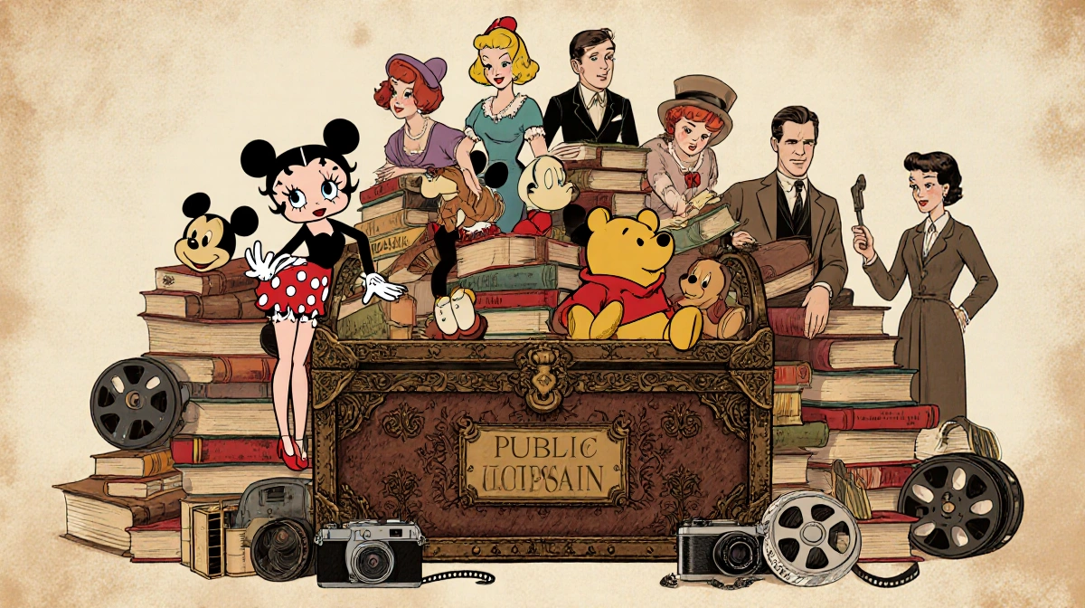 Treasure chest overflowing with public domain characters like Betty Boop and Mickey Mouse with books and film reels nearby.
