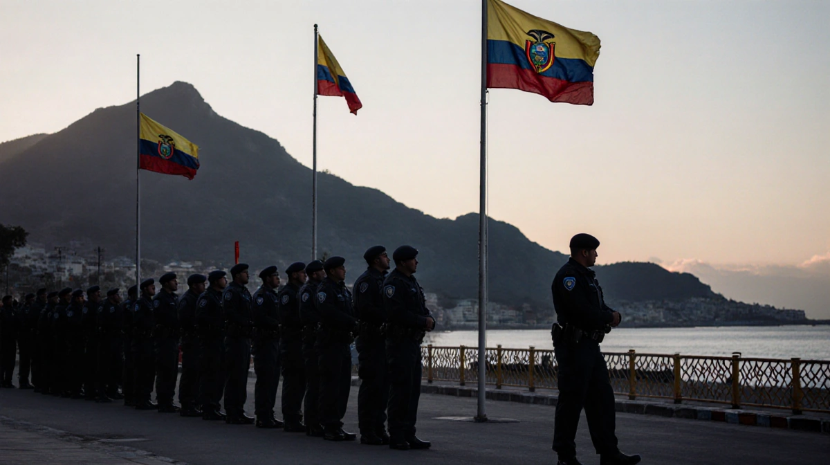 Police officers standing guard along Puerto Lopez beach with Ecuador and Manabi flags at half-staff near mountain silhouette