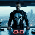 Jon Bernthal as Punisher stands at tech console with countdown showing zero and city skyline behind
