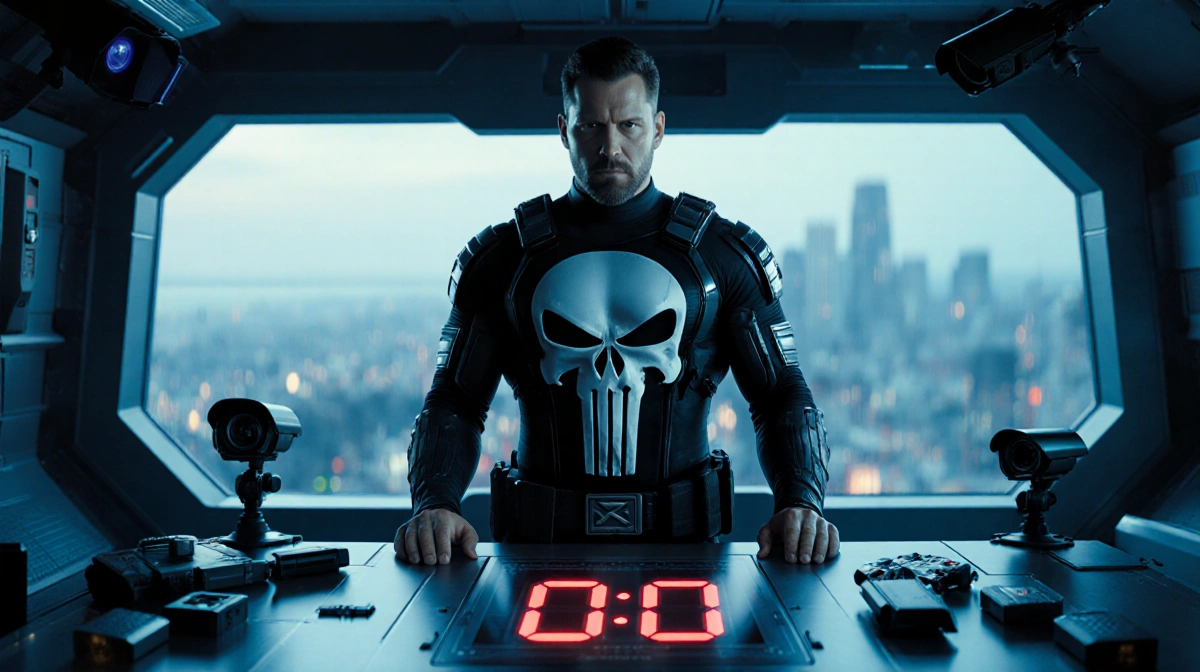 Jon Bernthal as Punisher stands at tech console with countdown showing zero and city skyline behind