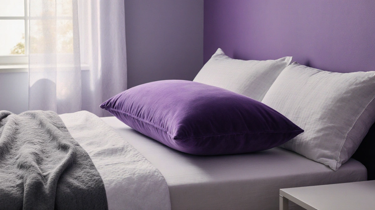 Plush Purple pillow rests on bedside table with soft purple walls and natural sunlight streaming through window