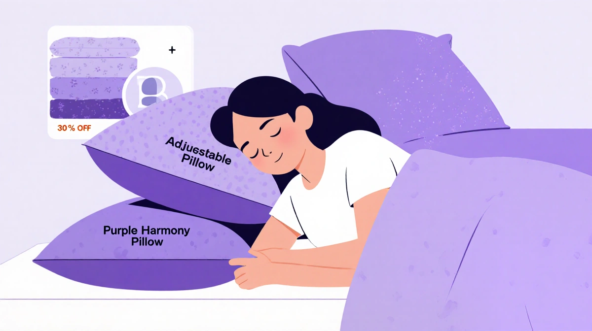 Person sleeping peacefully with Purple Harmony pillows and bedding accessories showing discount in soft purple tones