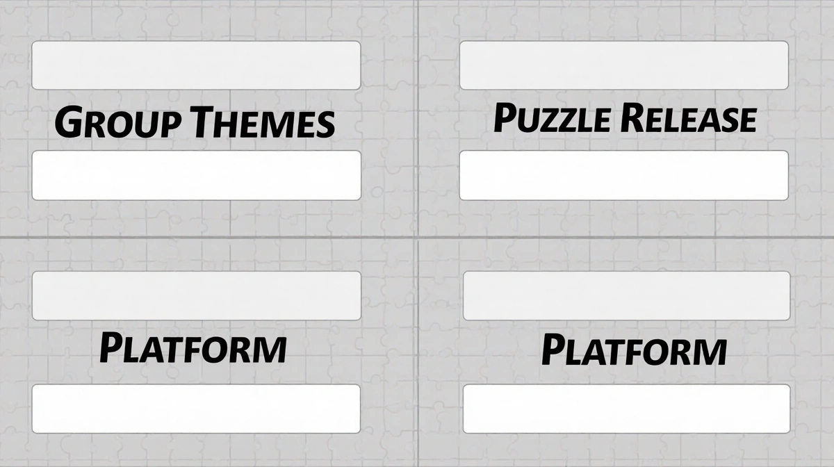 Puzzle board arranging sections with bold titles such as Group Themes and Answers on a muted grid background