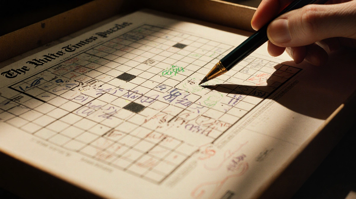 Puzzle box revealing partially completed NYT Strands puzzle with scribbled notes and pencil marks and a worn-out pen nearby