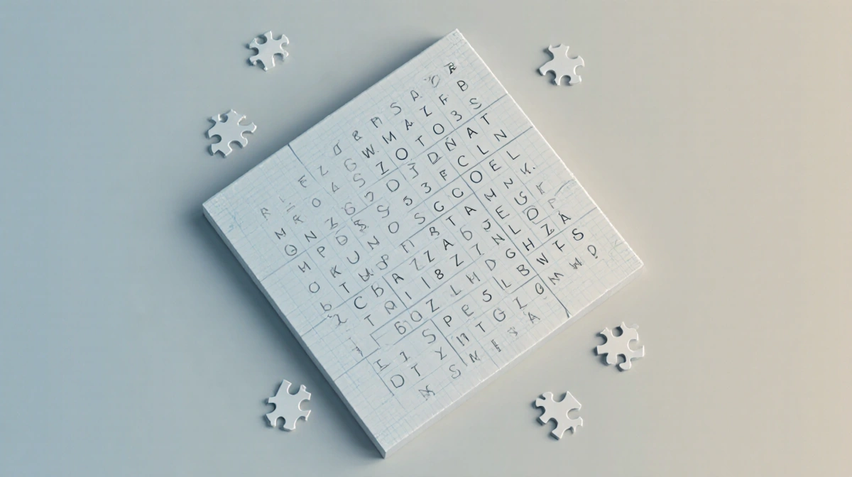 Puzzle grid displaying numbers and letters with faint pencil marks and scattered puzzle pieces.