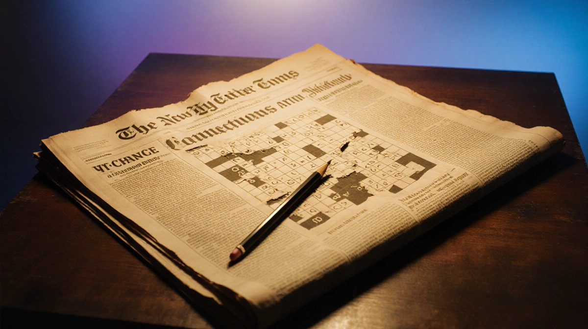 Pencil hovering over torn newspaper page revealing cryptic NYT Connections puzzle with warm golden light