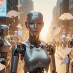 Qing Qing the female android stands on neon-lit street with translucent skin showing circuitry and paper fans floating around