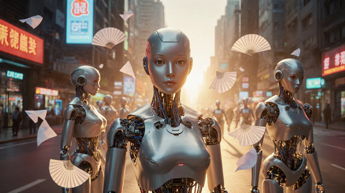 Qing Qing the female android stands on neon-lit street with translucent skin showing circuitry and paper fans floating around